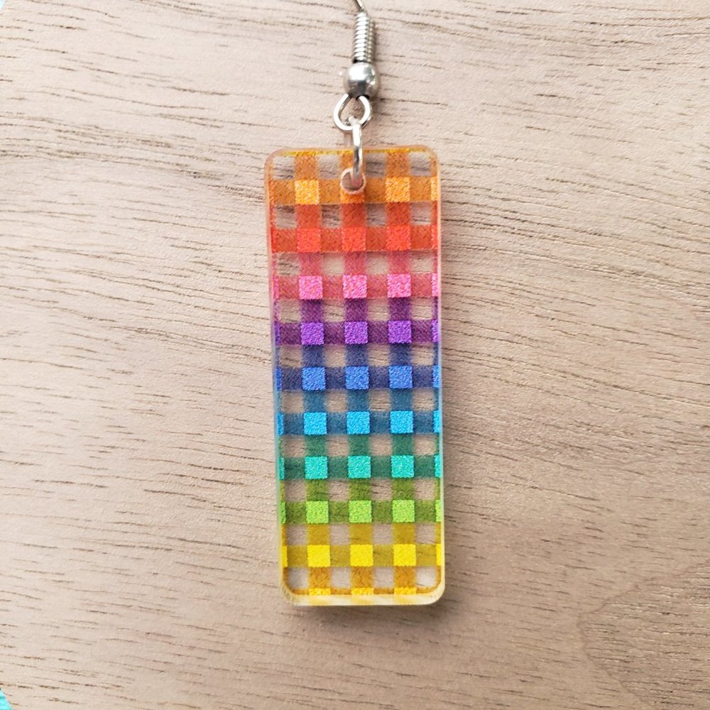 Rainbow Plaid Large Rectangle Dangle Earrings, Stainless Steel/Acrylic, Handmade - Picture 3 of 9